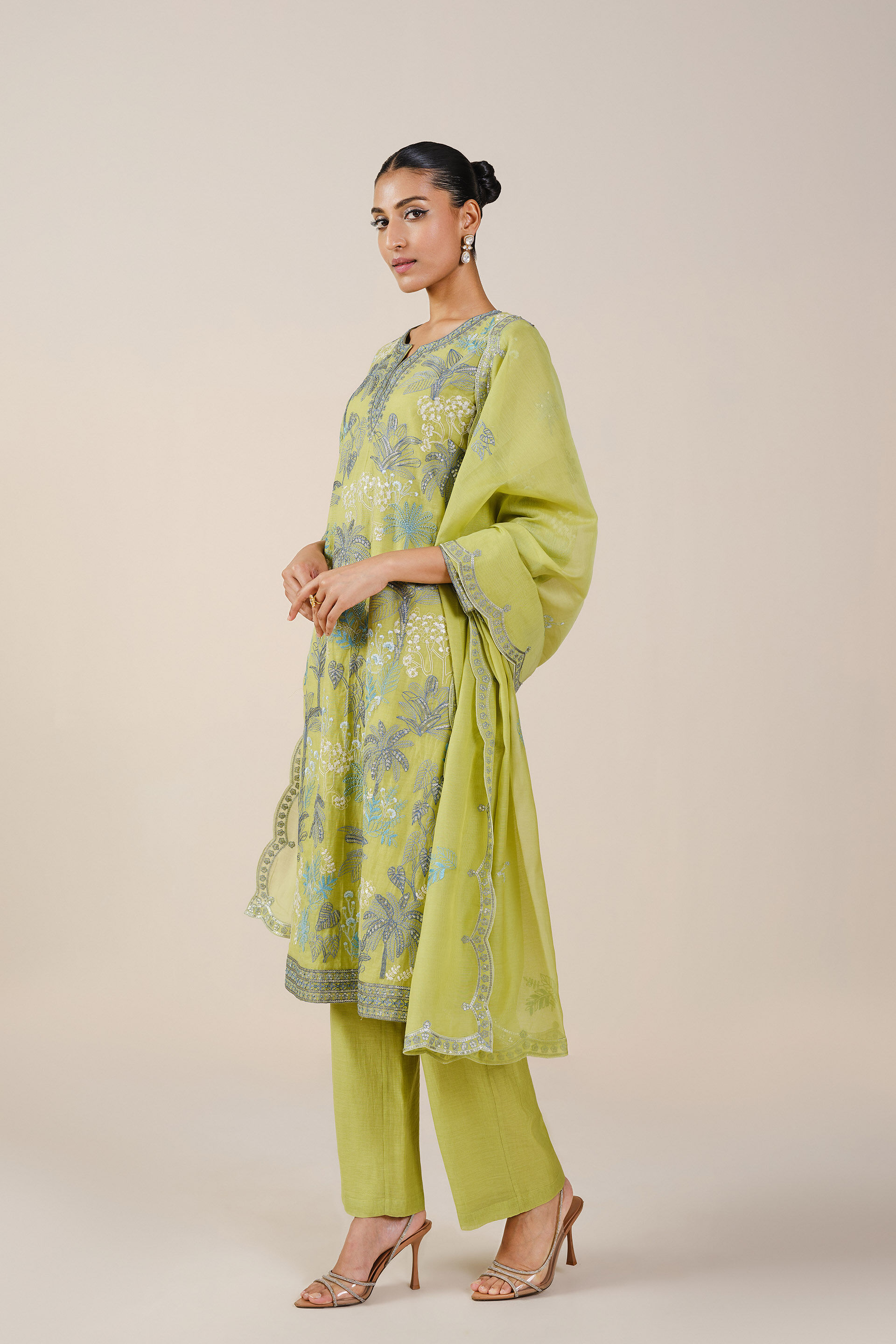 Pelagia Embroidered Mul Suit Set - Lime